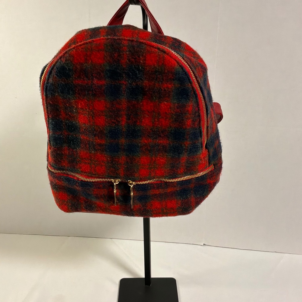 3AM Forever Mini Backpack Small Red Black Plaid Faux Leather Wool Blend Gold Zip